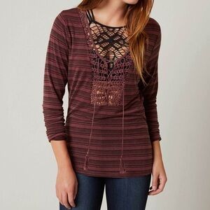 Buckle Washed Crochet Lace-Up Stripe Top